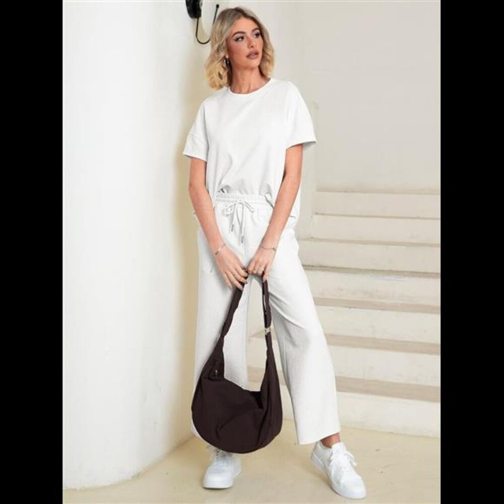 Womens 2 Piece Lounge Sets Short Sleeve Loose Fit Top and Wide Leg Pants Set - Picture 2 of 7